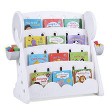 Load image into Gallery viewer, Kids Bookshelf, 4-Tier Book Display Rack with 2 Storage Boxes and Reversible Bottom Shelf
