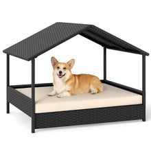 Load image into Gallery viewer, Wicker Dog Bed, Raised Rattan Dogs House with Canopy
