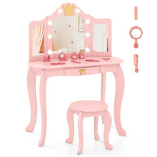 Load image into Gallery viewer, Kids Dressing Table and Stool with 3-Color LED Lighted Tri-fold Mirror

