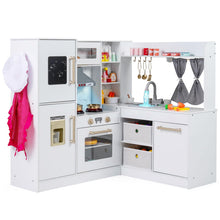 Load image into Gallery viewer, Kids Corner Kitchen, Wooden Play Kitchen with Stoves, Microwave, Oven, Telephone, Range Hood, Ice Maker, Chalkboard
