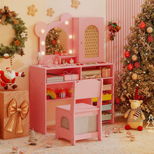 Load image into Gallery viewer, Kids Vanity Set, Girls Dressing Table with 3-Color LED Lights Mirror
