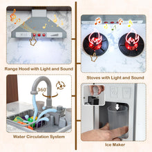 Load image into Gallery viewer, Kids Corner Kitchen, Wooden Play Kitchen with Stoves, Microwave, Oven, Telephone, Range Hood, Ice Maker, Chalkboard
