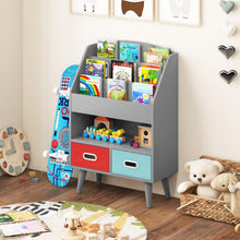 Load image into Gallery viewer, Kids Bookcase, Wooden Children Bookshelf with 3 Shelves, Open Compartment and 2 Removable Bins
