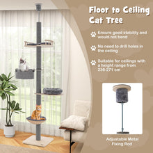 Load image into Gallery viewer, 5-Tier Wooden Cat Tower Floor to Ceiling Cat Tree with Adjustable Height

