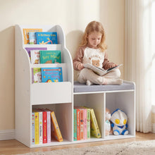 Load image into Gallery viewer, Kids Reading Nook with Bench Wooden Toddler Bookcase with 3 Storage Cubbies
