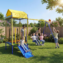 Load image into Gallery viewer, 5-in-1 Kids Swing Set, Heavy-duty Metal Swing Stand with Trampoline, Roof, 2 Belt Swings
