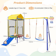 Load image into Gallery viewer, 5-in-1 Kids Swing Set, Heavy-duty Metal Swing Stand with Trampoline, Roof, 2 Belt Swings
