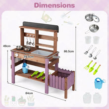 Load image into Gallery viewer, Kids Mud Kitchen, Garden Potting Bench with 2 Planting Pots, 2 Storage Bins, 2 Trowels, 1 Rake
