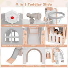 Load image into Gallery viewer, 9 in 1 Toddler Slide L Shaped Kids Slide and Climber Playset with Basketball Hoop
