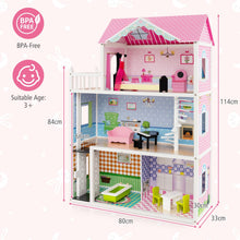 Load image into Gallery viewer, Kids Dollhouse, 3-Storey Wooden Dolls House with 5 Simulated Rooms &amp; Furniture Accessories

