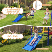 Load image into Gallery viewer, 5-in-1 Kids Swing Set, Heavy-duty Metal Swing Stand with Trampoline, Roof, 2 Belt Swings
