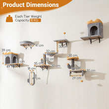 Load image into Gallery viewer, Wall-Mounted Cat Tower Set with 2-Tier Platform and 2 Comfy Cat Condos
