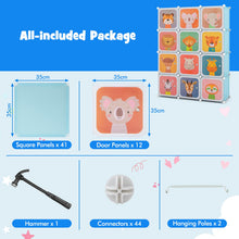 Load image into Gallery viewer, Cartoon Clothes Closet, Portable Kids Wardrobe with Hanging Section( 12 Cubes Animal: 109 x 37 x 145cm)
