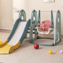Load image into Gallery viewer, 4-in-1 Green Children Climber and Swing Set with Basketball Hoop
