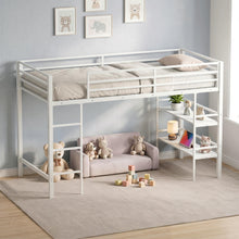 Load image into Gallery viewer, Kids Loft Bed, Metal Single Size Low Loft Bed with Under-Bed Space, Storage Shelves
