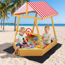 Load image into Gallery viewer, Wooden Kids Sandpit, Ship-Shaped Sandbox Sand Boat with Canopy, 4 Corner Seats
