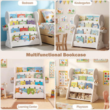 Load image into Gallery viewer, Kids Bookshelf, 4-Tier Book Display Rack with 2 Storage Boxes and Reversible Bottom Shelf

