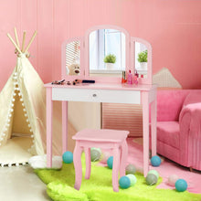 Load image into Gallery viewer, Kids Vanity Table and Stool Set, Wooden Children Dressing Table
