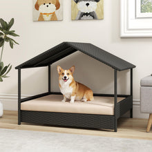 Load image into Gallery viewer, Wicker Dog Bed, Raised Rattan Dogs House with Canopy
