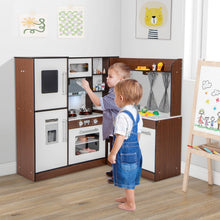 Load image into Gallery viewer, Kids Corner Kitchen, Wooden Play Kitchen with Stoves, Microwave, Oven, Telephone, Range Hood, Ice Maker, Chalkboard
