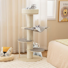 Load image into Gallery viewer, Wooden Cat Tree, 120cm Cat Climbing Tower with Thickened Sisal Scratching Posts, Sisal Carpet, Hammock, 2 Platforms &amp; Removable Pad
