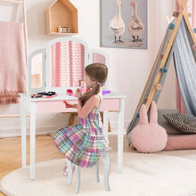 Load image into Gallery viewer, Kids Vanity Table and Stool Set, Wooden Children Dressing Table
