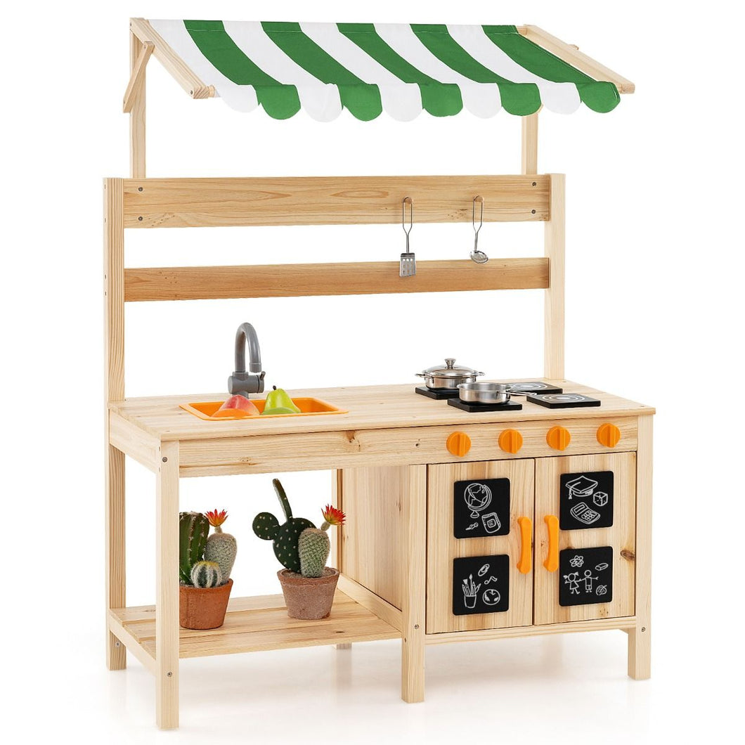 Outdoor Wooden Pretend Play Kitchen with Canopy and 4 Stoves