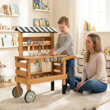 Load image into Gallery viewer, Wooden 2-in-1 Outdoor Kids Rolling Cart with Play Tools Set

