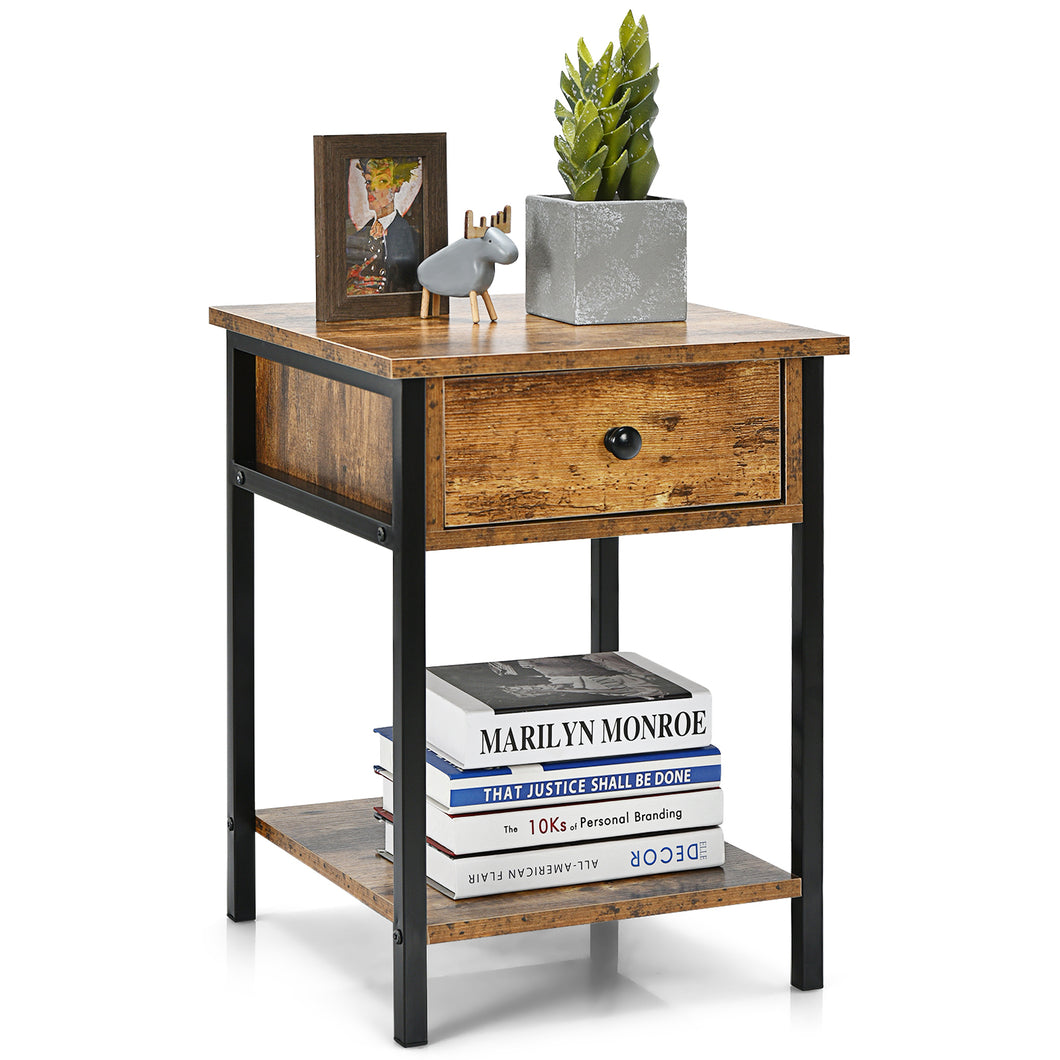 2-Tier End Table Nightstand Industrial Coffee Snack Table W/ Drawer & Open Shelf