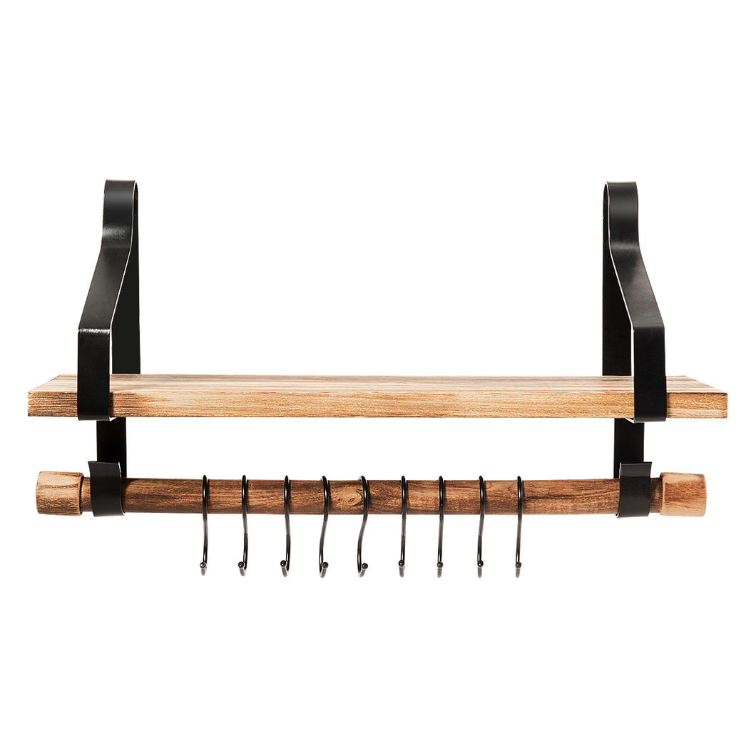 Wall-Mounted Floating Shelves Wood Storage Display Rack Hanging Shelf w/ Hooks