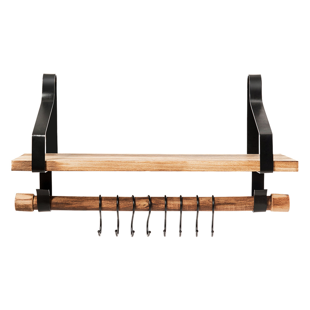 Wall-Mounted Floating Shelves Wood Storage Display Rack Hanging Shelf w/ Hooks