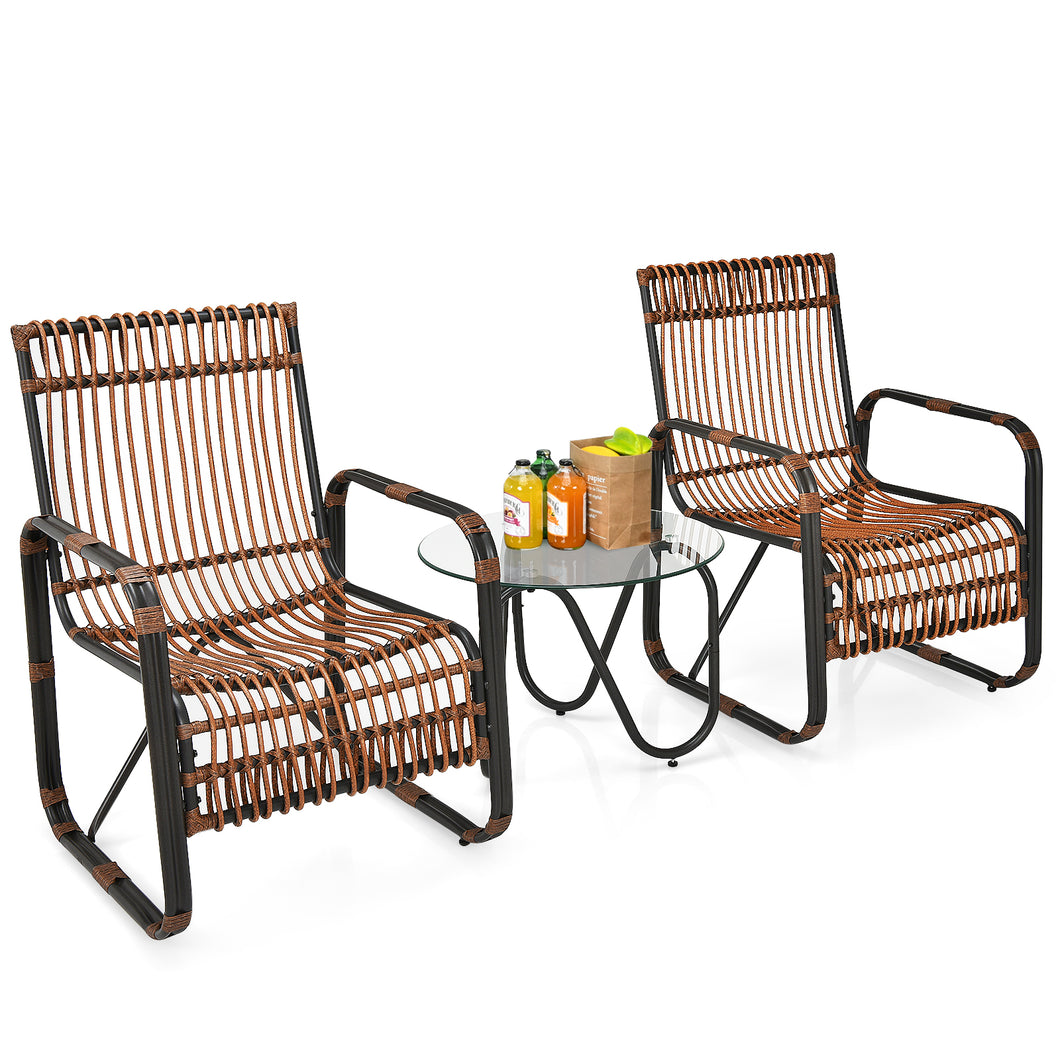 3 PCS Patio Rattan Wicker Rocking Bistro Set W/ Glass Table & Adjustable Feet