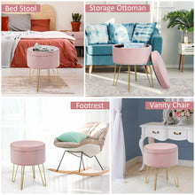 Load image into Gallery viewer, COSTWAY Velvet Round Footstool, Upholstered Dressing Table Stool with Metal Legs, Home Bedroom Livin
