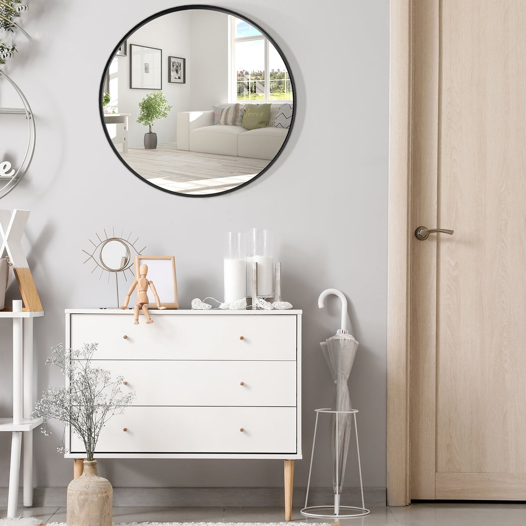 60cm Large Round Mirror, Black Frame Makeup Shaving Hanging Mirrors, Wall Mounted Circle Mir