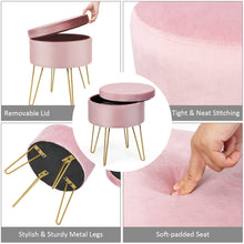 Load image into Gallery viewer, COSTWAY Velvet Round Footstool, Upholstered Dressing Table Stool with Metal Legs, Home Bedroom Livin
