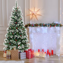 Load image into Gallery viewer, 6FT Snow Flocked Artificial Christmas Tree Hinged Pine XmasTree w/ Red Berries
