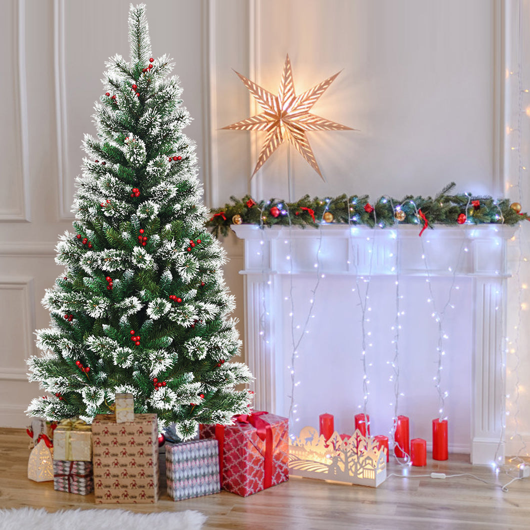 6FT Snow Flocked Artificial Christmas Tree Hinged Pine XmasTree w/ Red Berries