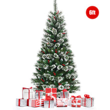 Load image into Gallery viewer, 6FT Snow Flocked Artificial Christmas Tree Hinged Pine XmasTree w/ Red Berries
