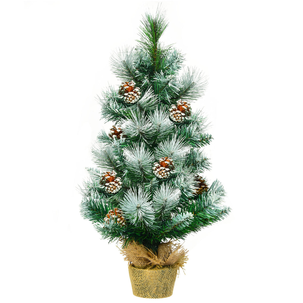 2 FT/ 60CM Snow Flocked Pine Artificial Christmas Tree Pine Cone Xmas Decoration
