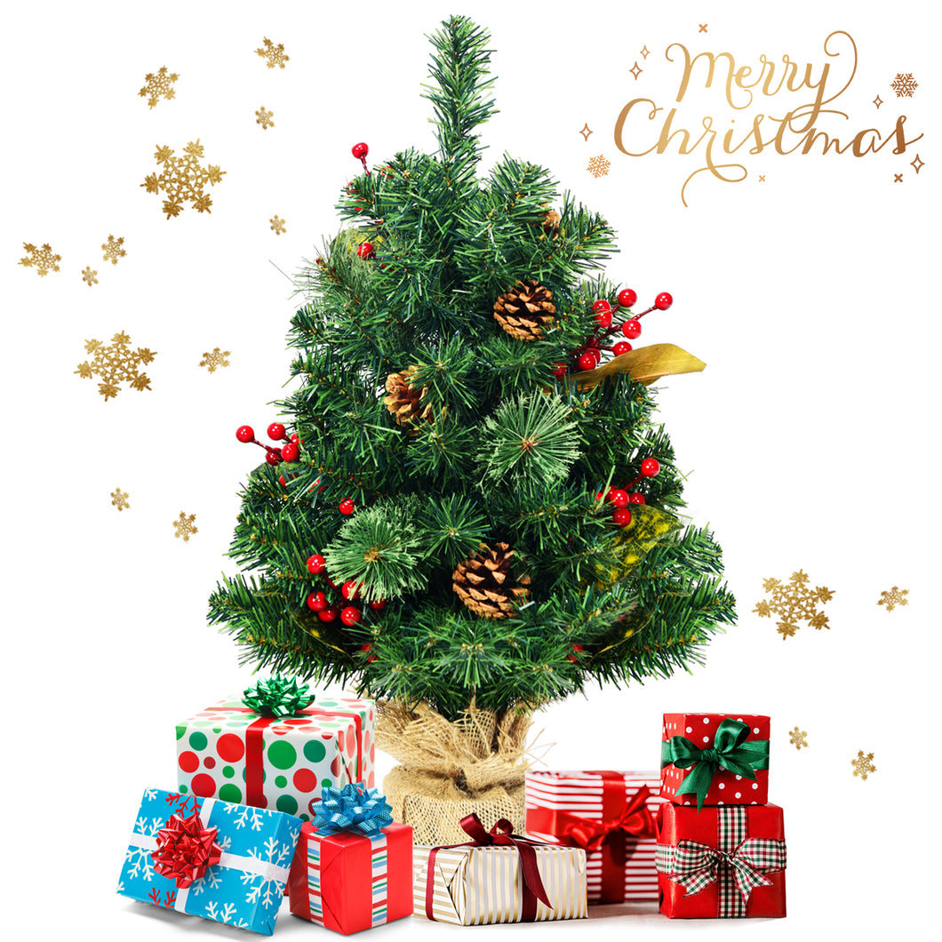 2FT Tabletop Artificial Christmas Pine Tree, Xmas Tree W/Pine Cone Red Berries & Leaves Decoration Stable Cement Stand with Linen Cloth