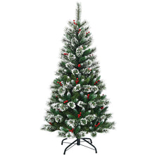 Load image into Gallery viewer, 5ft Snow Flocked Christmas Tree Premium Hinged Slim Xmas Tree W/ Red Berries
