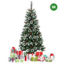 Load image into Gallery viewer, 5ft Snow Flocked Christmas Tree Premium Hinged Slim Xmas Tree W/ Red Berries
