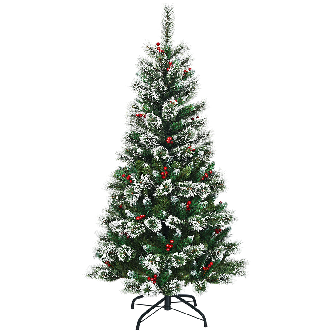 5ft Snow Flocked Christmas Tree Premium Hinged Slim Xmas Tree W/ Red Berries