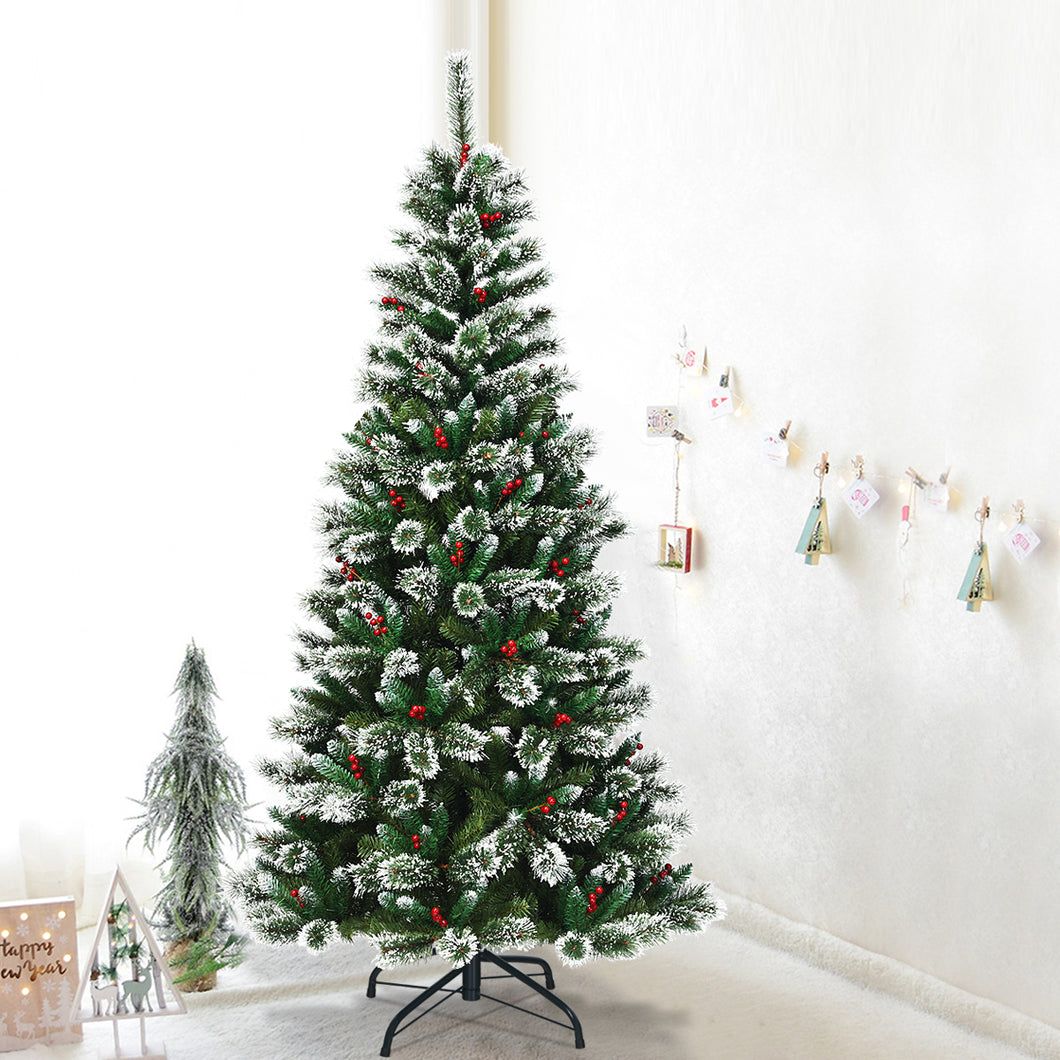 7 ft Snow Flocked Artificial Christmas Tree Hinged Slim Xmas Tree W/ Red Berries
