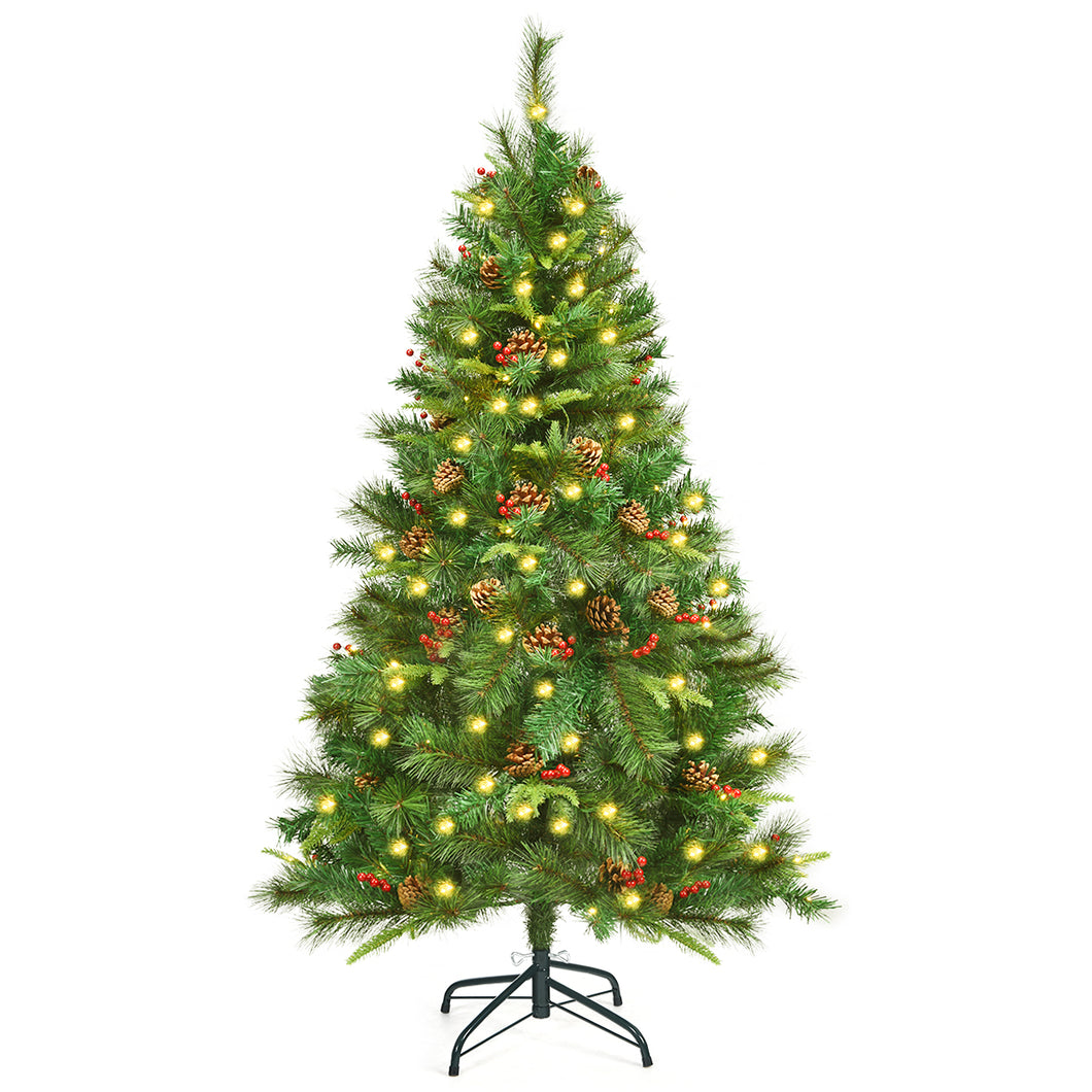 5FT Artificial Christmas Tree Pre-lit Green Pine Xmas Tree Decor W/ Red Berries