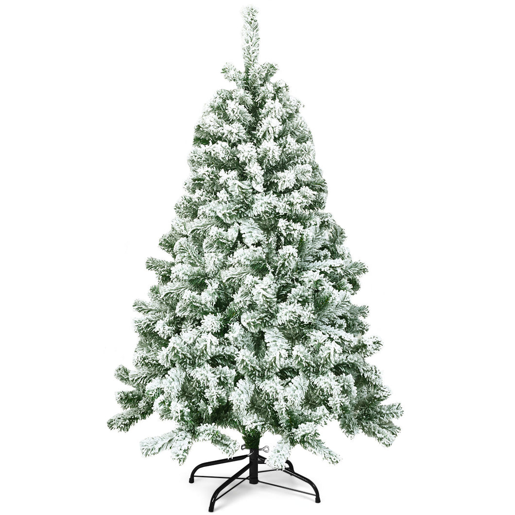 4.5FT Artificial Christmas Tree Snow Flocked Hinged Pine Tree Home Outdoor Decor