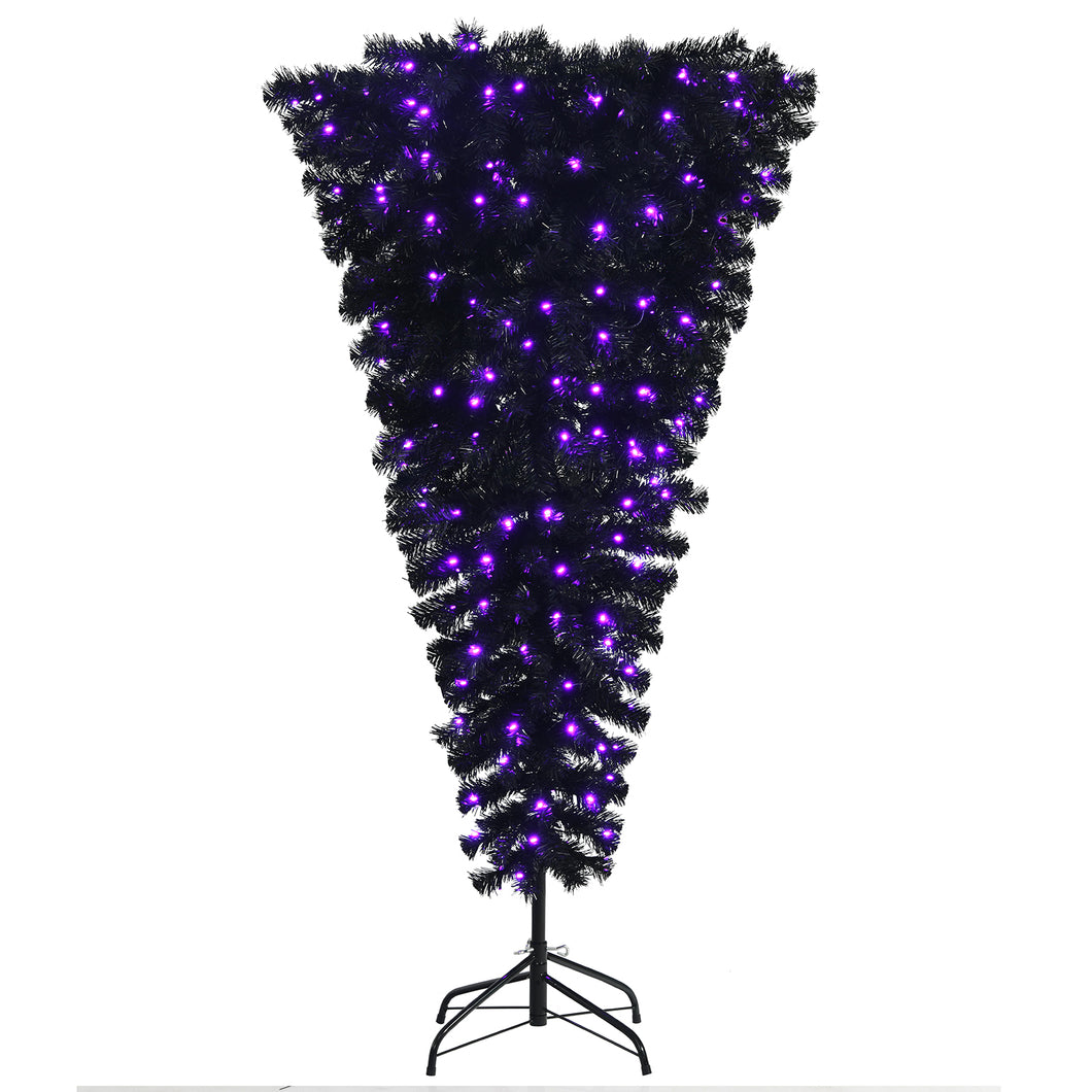 5FT Christmas Tree Upside Down Black Artificial Xmas Tree W/ 200 LED Lights