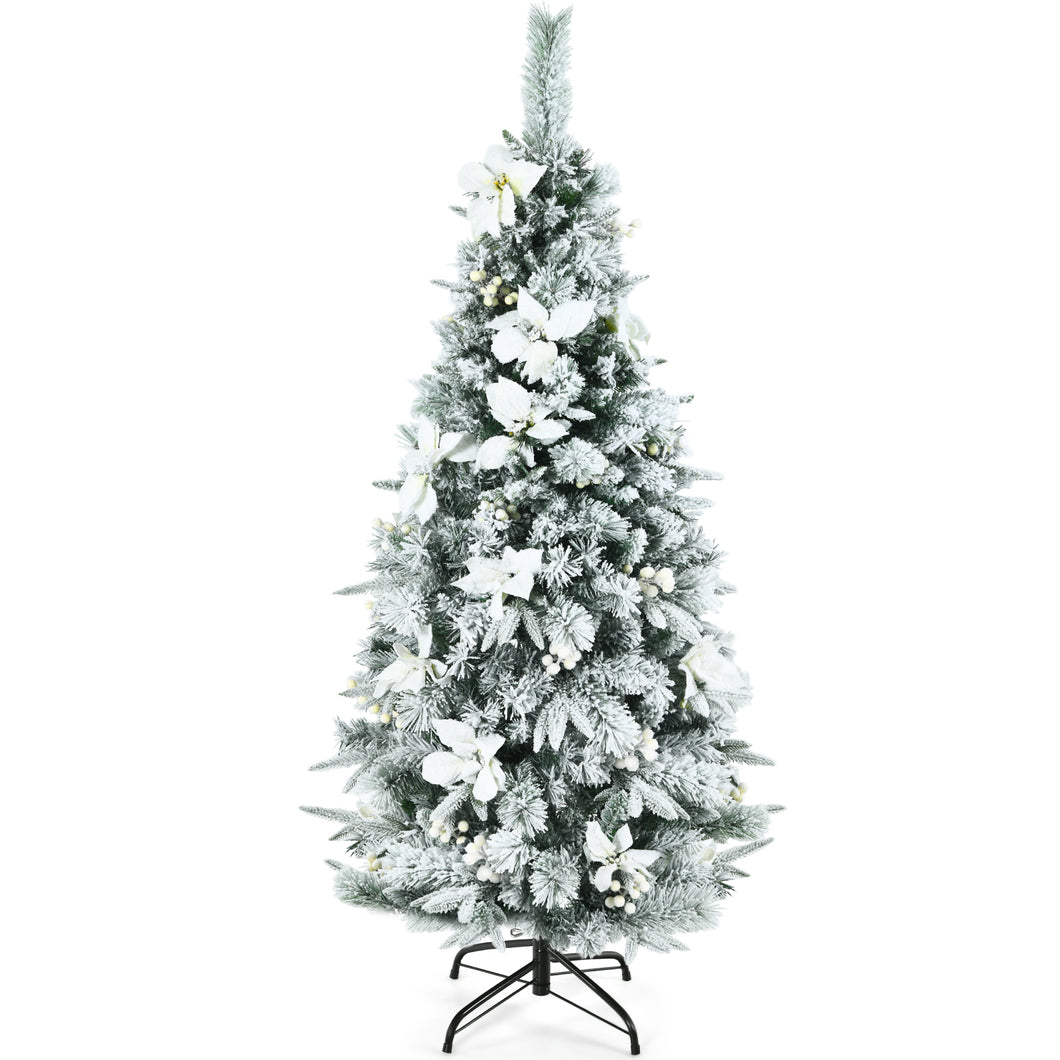 5FT Slim Pencil Tree Hinged Artificial Christmas Tree Snow Flocked Xmas Tree