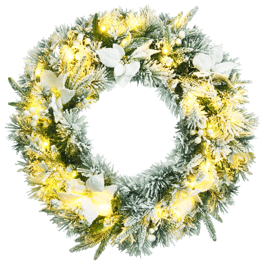 60cm Pre-Lit LED Christmas Wreath Snow Flocked Xmas Decor W/ Flowers & Berries