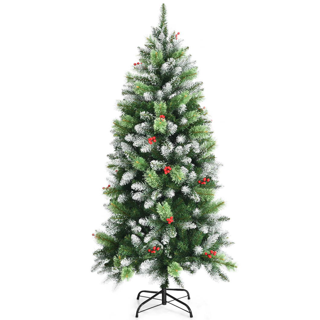 Snow Sprayed Christmas Tree 5ft Unlit Xmas Pencil Tree w/ Two Types of Tips & Red Berry Clusters Hinged Artificial Tree for Holiday Festival Decoration Includes Metal Stand